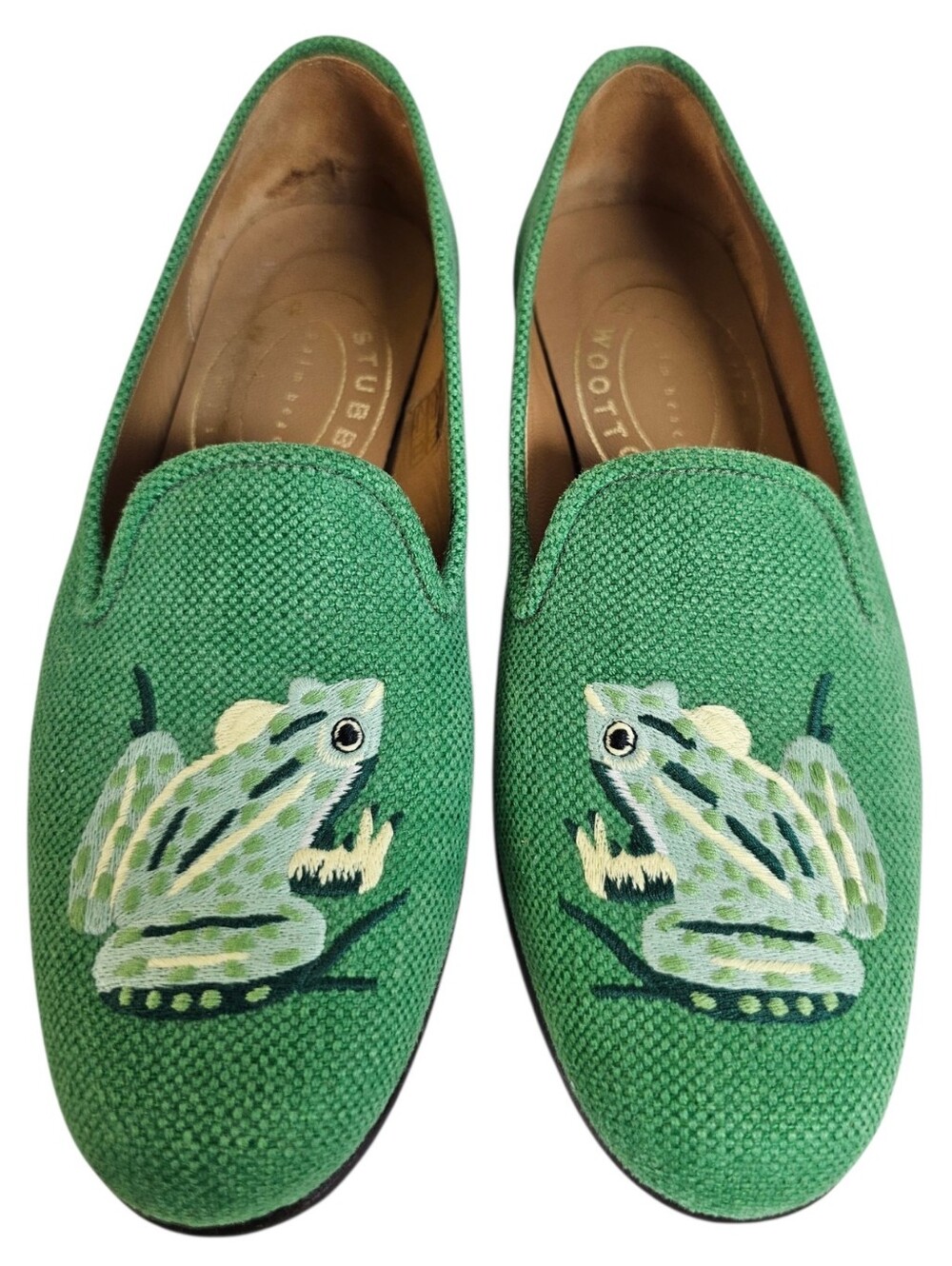 Stubbs & Wootton Palm Beach Frog Embroidered Flat Loafers Canvas Leather Sole